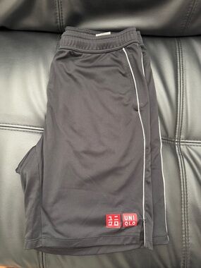 Uniqlo Black Shorts with White Side Piping and Red Logo - Federer
